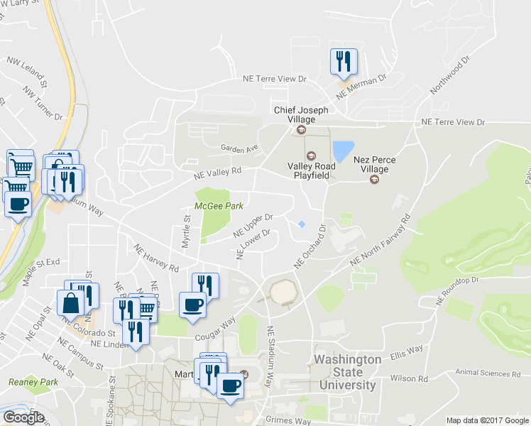 map of restaurants, bars, coffee shops, grocery stores, and more near 1710 Northeast Upper Drive in Pullman