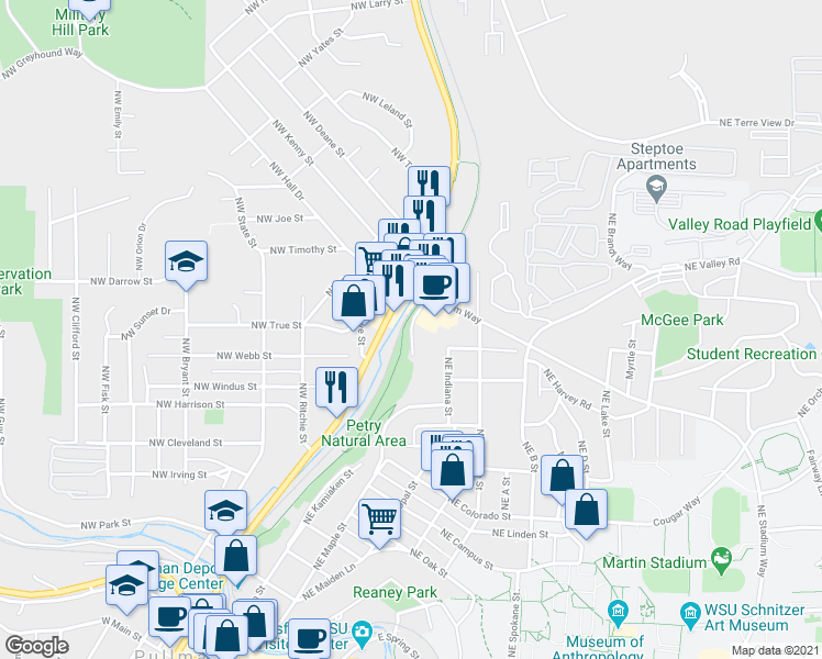 map of restaurants, bars, coffee shops, grocery stores, and more near 1130 Northeast Markley Drive in Pullman