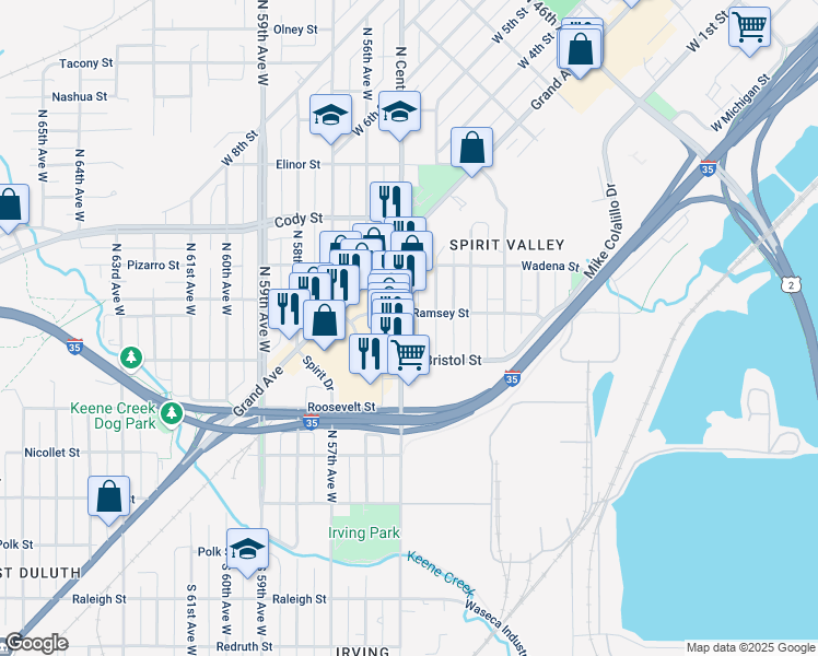 map of restaurants, bars, coffee shops, grocery stores, and more near 324 North Central Avenue in Duluth