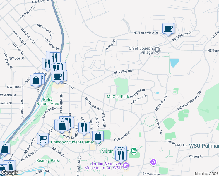 map of restaurants, bars, coffee shops, grocery stores, and more near 1305 Northeast Williams Street in Pullman