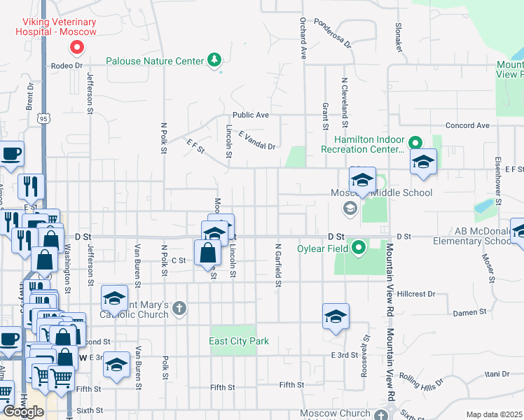 map of restaurants, bars, coffee shops, grocery stores, and more near 534 North Hayes Street in Moscow