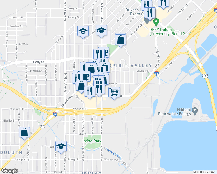 map of restaurants, bars, coffee shops, grocery stores, and more near 324 North Central Avenue in Duluth