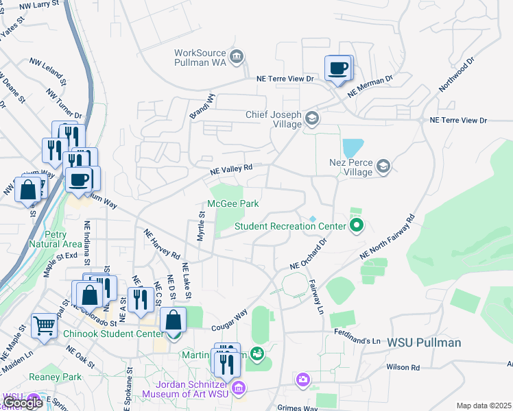 map of restaurants, bars, coffee shops, grocery stores, and more near 1260 Northeast Hillside Drive in Pullman