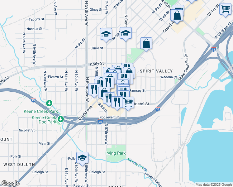 map of restaurants, bars, coffee shops, grocery stores, and more near 5530 Ramsey Street in Duluth
