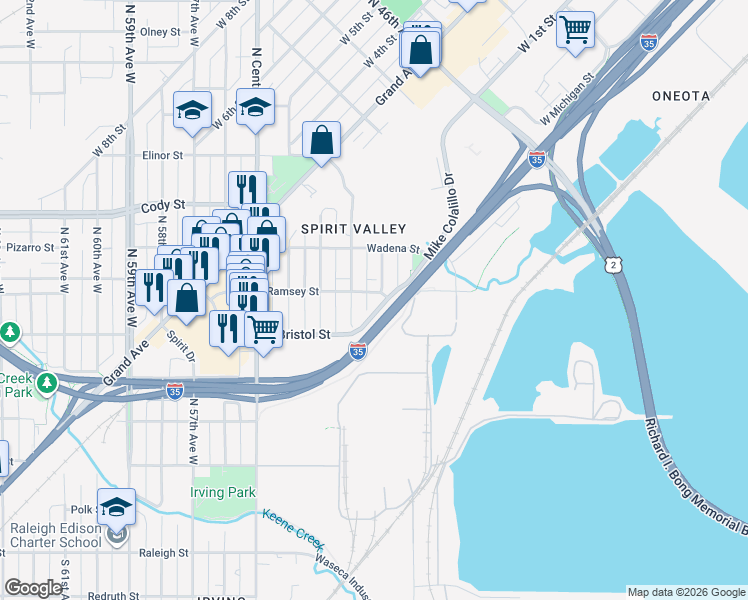 map of restaurants, bars, coffee shops, grocery stores, and more near 5106 Ramsey Street in Duluth