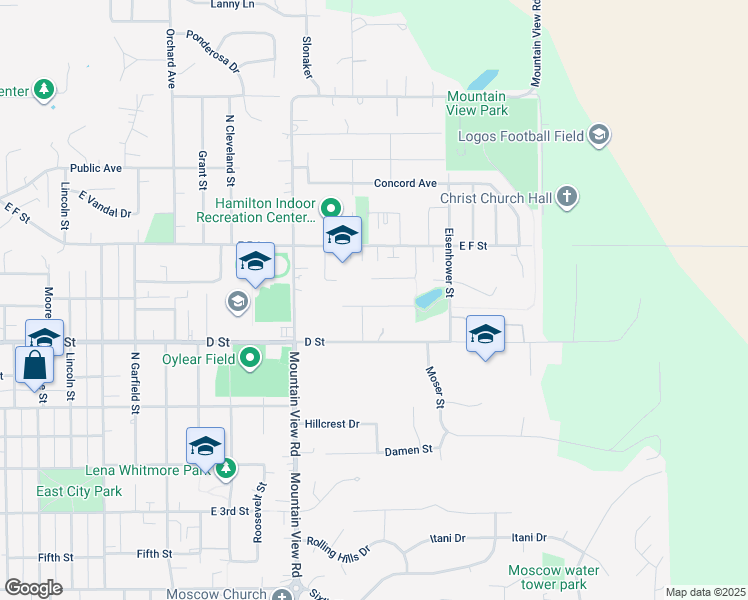 map of restaurants, bars, coffee shops, grocery stores, and more near 1850 East E Street in Moscow