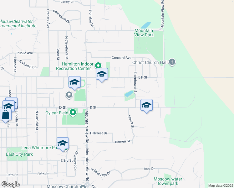 map of restaurants, bars, coffee shops, grocery stores, and more near 1918 East E Street in Moscow