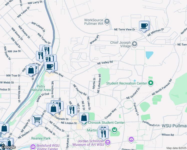map of restaurants, bars, coffee shops, grocery stores, and more near 1305 Northeast Williams Street in Pullman