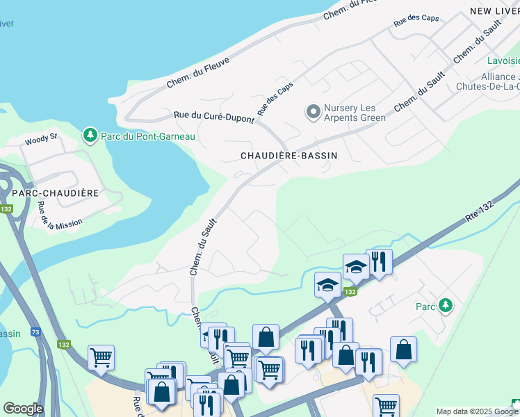 map of restaurants, bars, coffee shops, grocery stores, and more near Rue des Grands-Jardins in Lévis