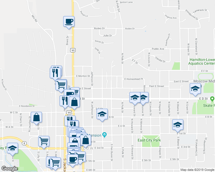 map of restaurants, bars, coffee shops, grocery stores, and more near 416 East E Street in Moscow