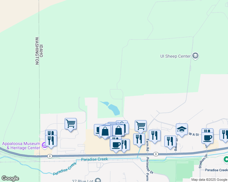 map of restaurants, bars, coffee shops, grocery stores, and more near 5056 Farm Road in Moscow