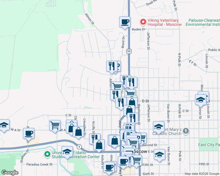 map of restaurants, bars, coffee shops, grocery stores, and more near 230 West E Street in Moscow