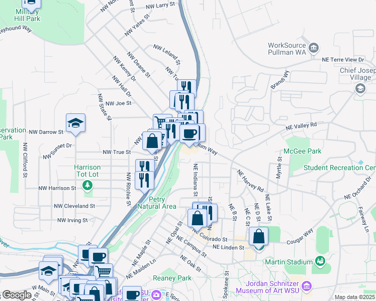 map of restaurants, bars, coffee shops, grocery stores, and more near 1130 Northeast Markley Drive in Pullman