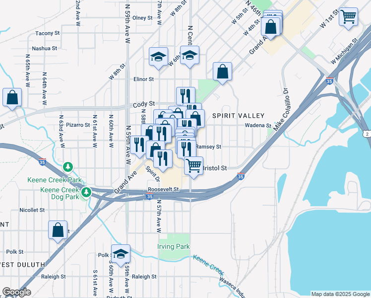 map of restaurants, bars, coffee shops, grocery stores, and more near 5530 Ramsey Street in Duluth