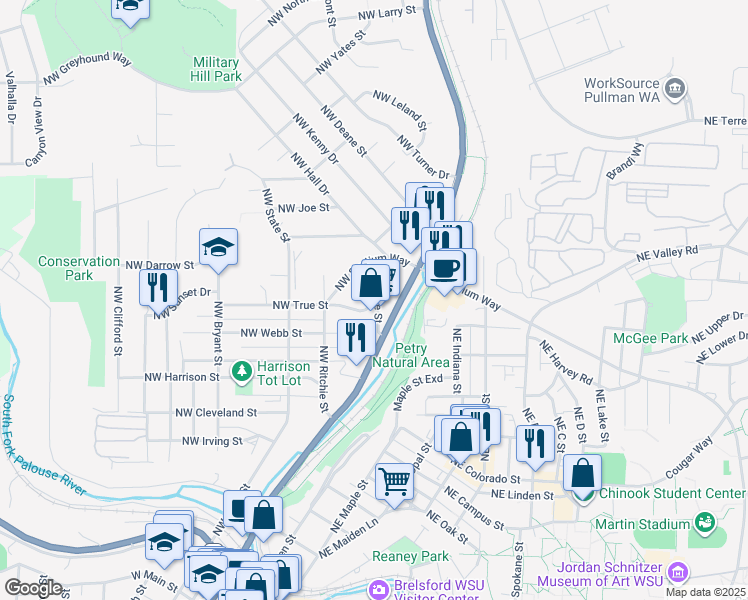 map of restaurants, bars, coffee shops, grocery stores, and more near 1105 Northwest Nye Street in Pullman