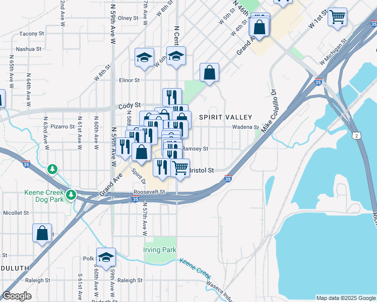 map of restaurants, bars, coffee shops, grocery stores, and more near 324 North Central Avenue in Duluth
