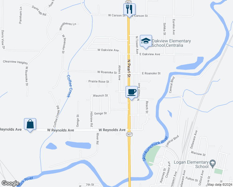 map of restaurants, bars, coffee shops, grocery stores, and more near 1917 Ahlers Avenue in Centralia
