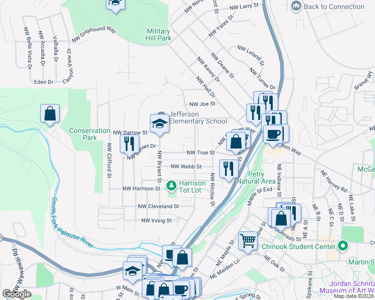 map of restaurants, bars, coffee shops, grocery stores, and more near 304 Northwest True Street in Pullman