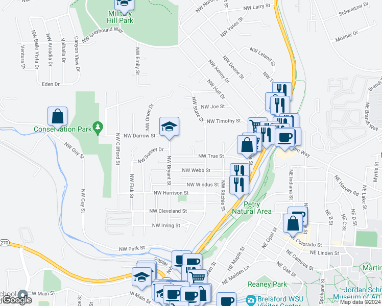 map of restaurants, bars, coffee shops, grocery stores, and more near 316 Northwest True Street in Pullman