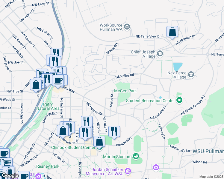 map of restaurants, bars, coffee shops, grocery stores, and more near 1305 Northeast Williams Street in Pullman