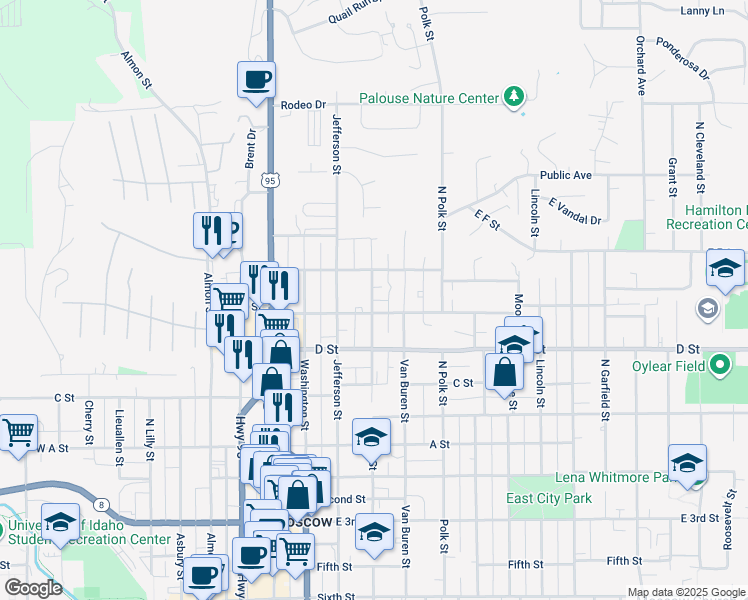 map of restaurants, bars, coffee shops, grocery stores, and more near 416 East E Street in Moscow