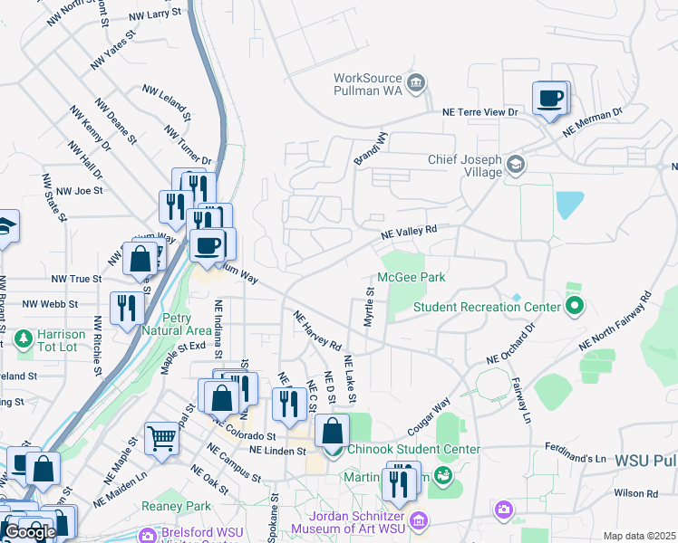 map of restaurants, bars, coffee shops, grocery stores, and more near 1205 Northeast Valley Road in Pullman