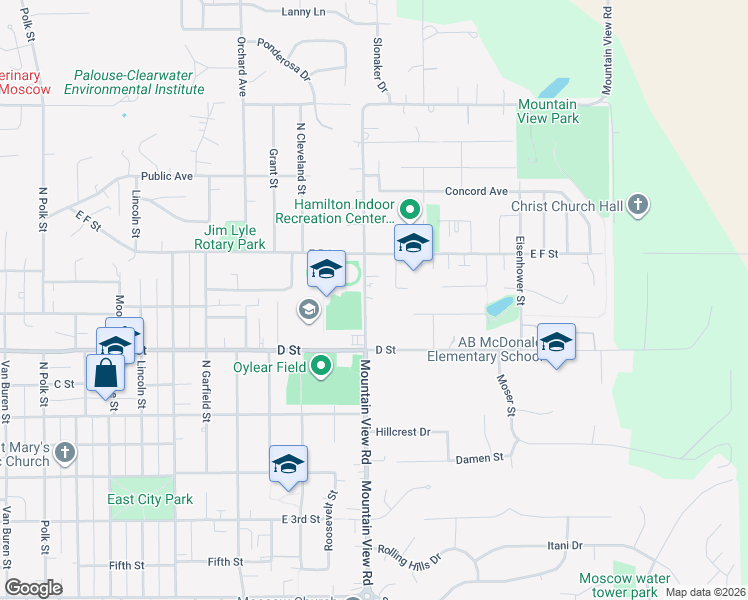map of restaurants, bars, coffee shops, grocery stores, and more near 612-698 North Mountain View Road in Moscow