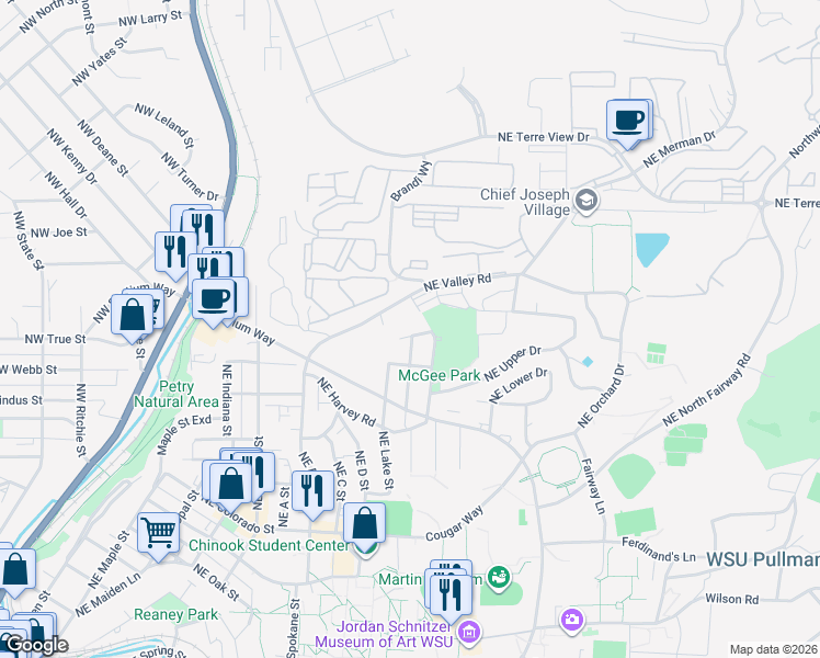 map of restaurants, bars, coffee shops, grocery stores, and more near 1305 Northeast Williams Street in Pullman