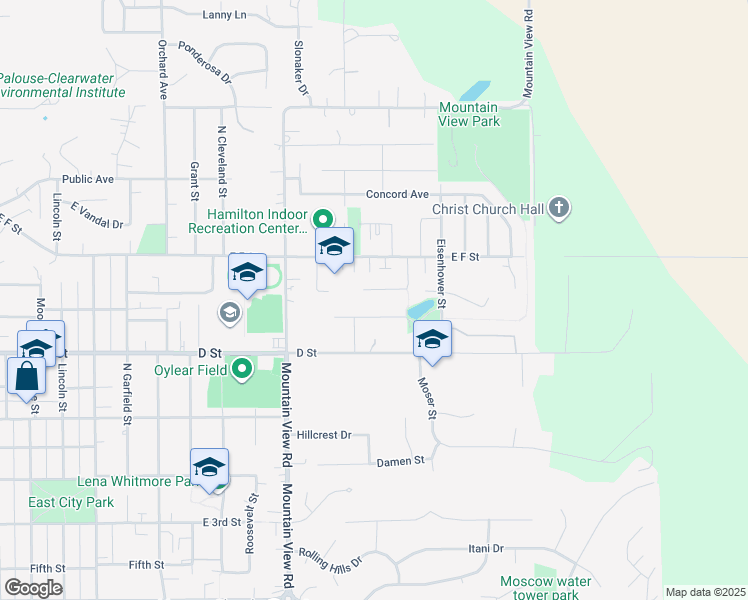 map of restaurants, bars, coffee shops, grocery stores, and more near 1918 East E Street in Moscow