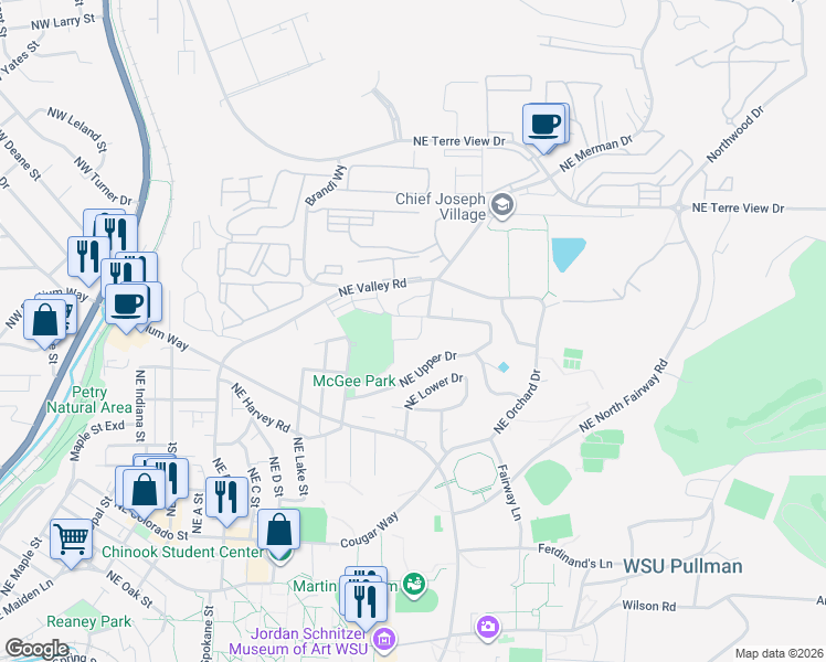 map of restaurants, bars, coffee shops, grocery stores, and more near 1260 Northeast Hillside Drive in Pullman