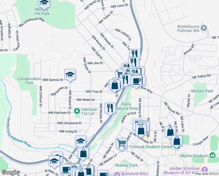 map of restaurants, bars, coffee shops, grocery stores, and more near 131 Northwest True Street in Pullman