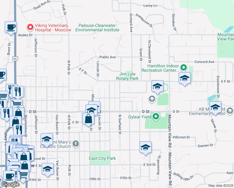 map of restaurants, bars, coffee shops, grocery stores, and more near 534 North Hayes Street in Moscow