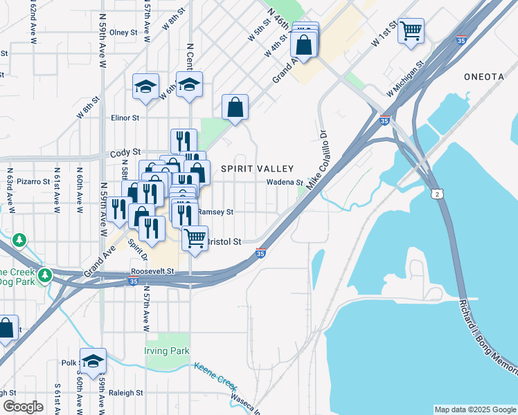 map of restaurants, bars, coffee shops, grocery stores, and more near 5119 Ramsey Street in Duluth