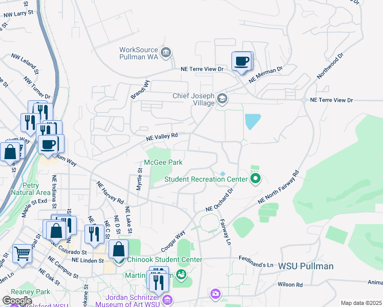map of restaurants, bars, coffee shops, grocery stores, and more near 1710 Northeast Upper Drive in Pullman