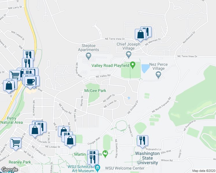map of restaurants, bars, coffee shops, grocery stores, and more near 1260 Northeast Hillside Drive in Pullman