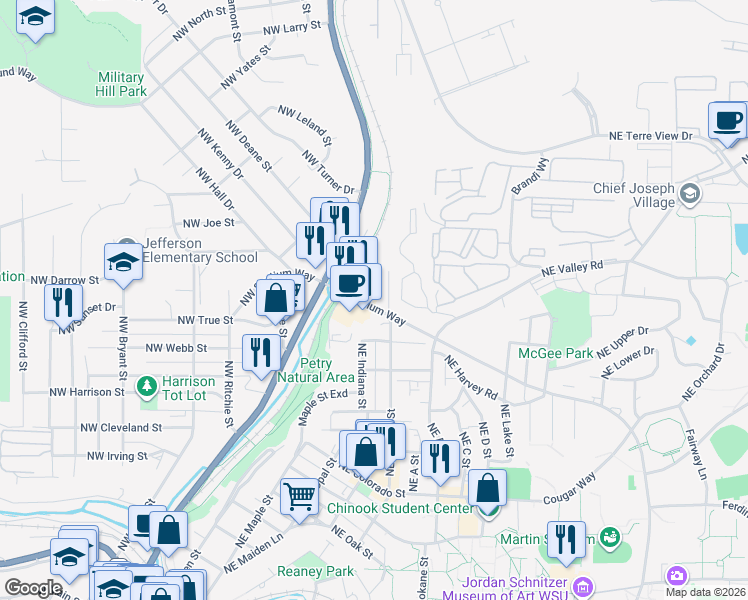 map of restaurants, bars, coffee shops, grocery stores, and more near 300 Northeast Stadium Way in Pullman