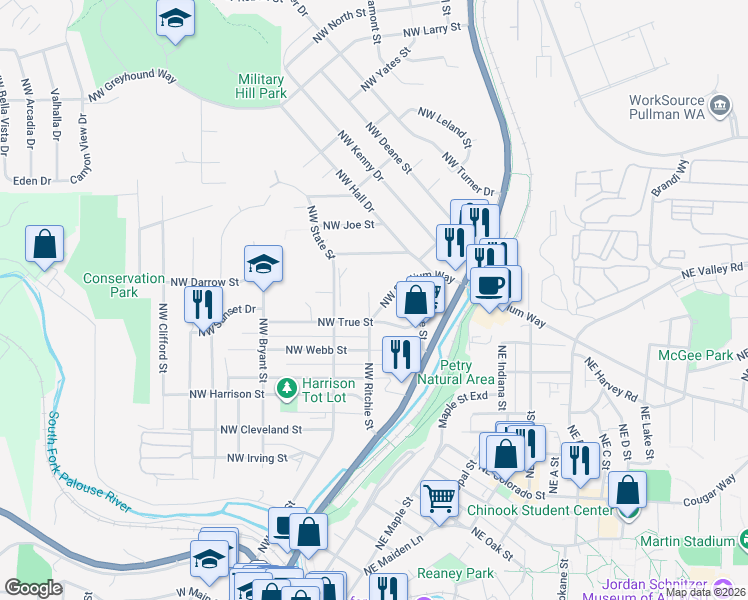 map of restaurants, bars, coffee shops, grocery stores, and more near 1220 Northwest State Street in Pullman