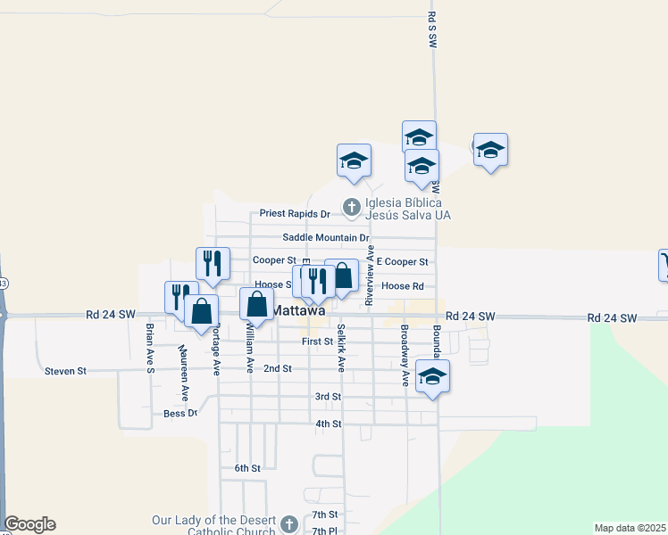 map of restaurants, bars, coffee shops, grocery stores, and more near 306 Saddle Mountain Drive in Mattawa