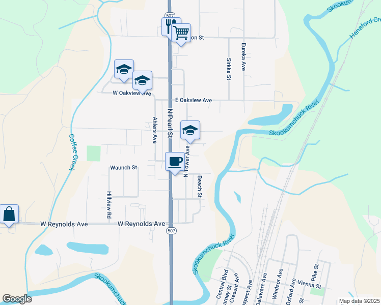 map of restaurants, bars, coffee shops, grocery stores, and more near 203 Susan Street in Centralia