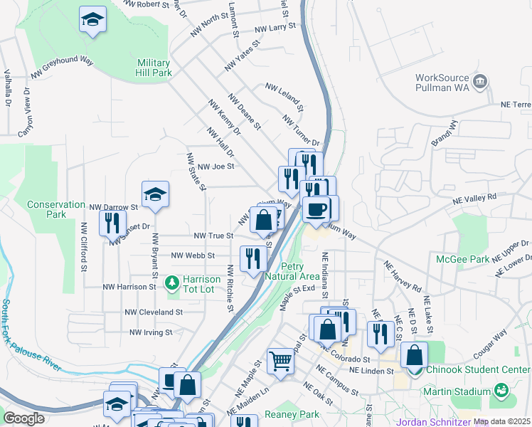 map of restaurants, bars, coffee shops, grocery stores, and more near 1225 Northwest Nye Street in Pullman