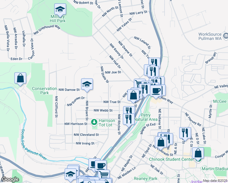 map of restaurants, bars, coffee shops, grocery stores, and more near 1220 Northwest State Street in Pullman