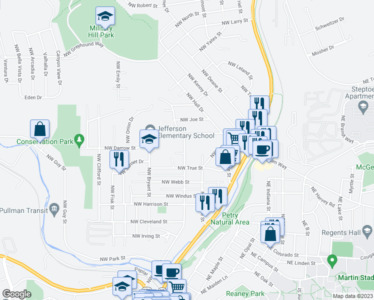 map of restaurants, bars, coffee shops, grocery stores, and more near 1250 Northwest State Street in Pullman