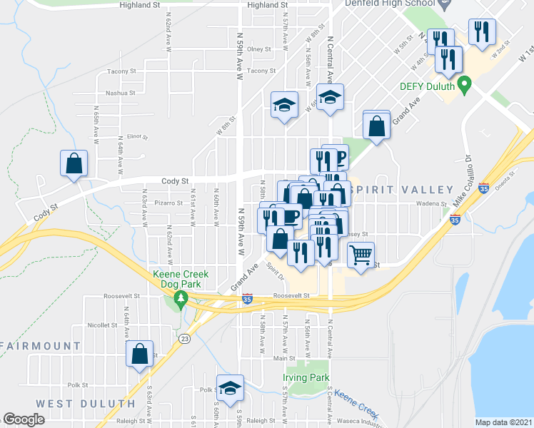 map of restaurants, bars, coffee shops, grocery stores, and more near 422 North 58th Avenue West in Duluth