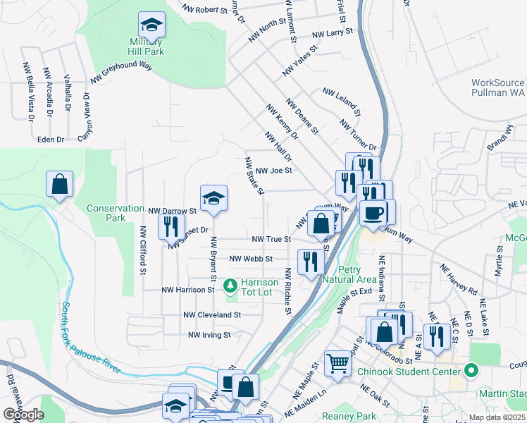 map of restaurants, bars, coffee shops, grocery stores, and more near 1250 Northwest State Street in Pullman