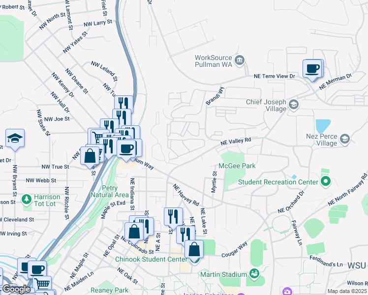 map of restaurants, bars, coffee shops, grocery stores, and more near 910 Northeast Providence Court in Pullman