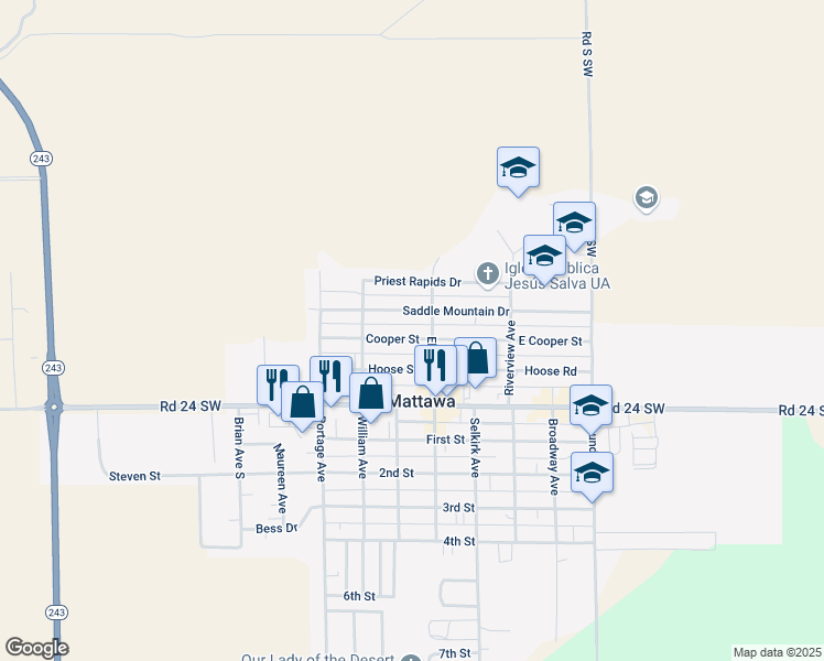 map of restaurants, bars, coffee shops, grocery stores, and more near 300 Saddle Mountain Drive in Mattawa