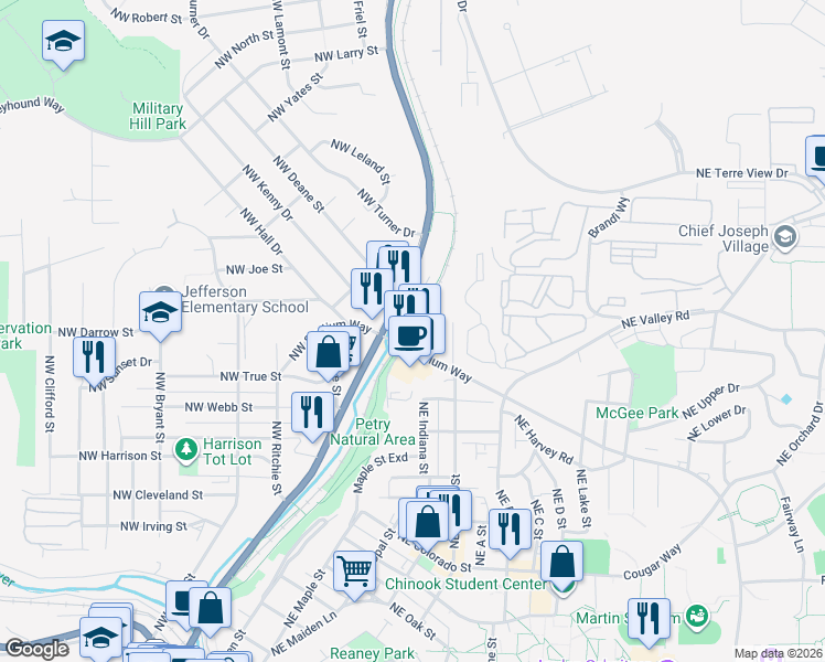 map of restaurants, bars, coffee shops, grocery stores, and more near 300 Northeast Stadium Way in Pullman