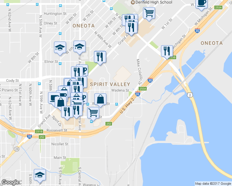 map of restaurants, bars, coffee shops, grocery stores, and more near 425 North 51st Avenue West in Duluth