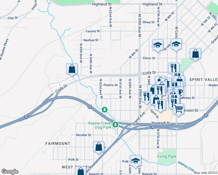 map of restaurants, bars, coffee shops, grocery stores, and more near 6202 Pizarro Street in Duluth