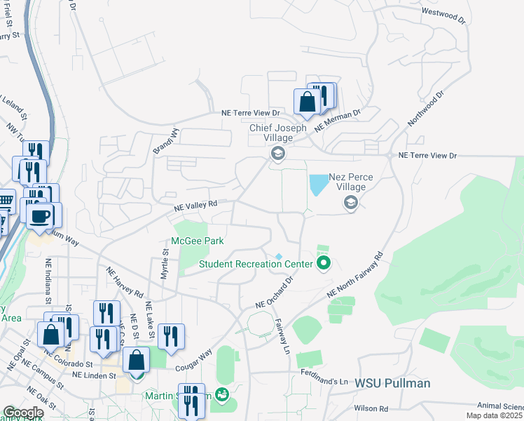 map of restaurants, bars, coffee shops, grocery stores, and more near 1825 Northeast Valley Road in Pullman